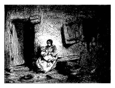 Charles Emile Jacque (1843 'e atfedilen), bir cepheye karşı bir bankta çocuklu bir kadın..