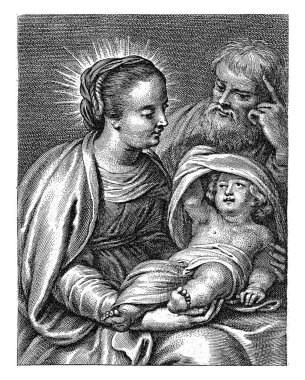 Kutsal Aile, Cornelis Galle (II), 1638 - 1678 Mary kucağında İsa Çocuk ile oturuyor. Arkasından da Yusuf, elleriyle başını dik tutuyordu..