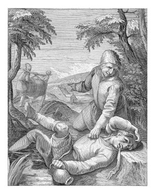 O birasının üstünde (? ), Nicolaas Braeu, Karel van Mander 'den (I) sonra, 1608 - 1666 yılları arasında iki adam bir fıçı bira taşıdı. Hendekte elinde sürahi olan bir sarhoş yatıyor..