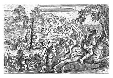 Davut ve Calut, Cornelis Galle (II), 1638 - 1678 Davut dev Calut 'u fethetti ve başını saçlarından tuttu. Önde, dört okçudan oluşan bir grup atlılar uçuyor.