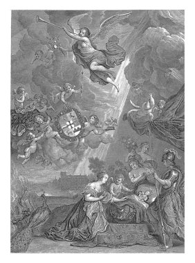 Prens III. William 'ın doğum alegorisi, 14 Kasım 1650. Minerva, Juno, Cupid ve Flora beşikte çocukla birlikte diz çöküp.