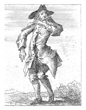 Bir dilenci, paçavralar içinde, flüt çalıyor. Felemenkçe dört mısra yazının altında.