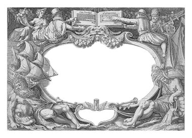 Kitabın başlığı ve tarifi bir kartuşun içinde, altında iz olan. Üzerinde 1616 'dan kalma bir ayrıcalığın bahsi geçen açık bir harita kitabı var..