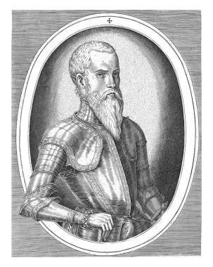 Half-length portrait of Erik XIV of Sweden to the right, dressed in armour, in an oval frame with edge lettering in Latin. clipart