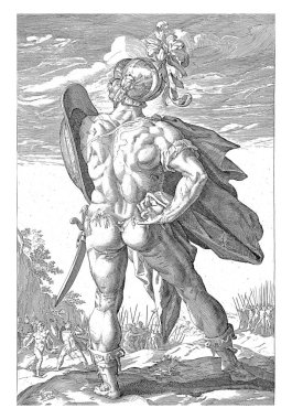 Kahraman Marcus Valerius Corvus, arkadan görüldü, kalkanı sol omzunda yükseldi. Arka planda bir kuzgunun yardımıyla bir Galyalıyı nasıl yendiğini görebilirsiniz.).