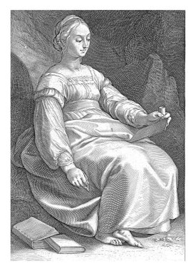 Bir dizi dokuz ilham perisi. Franco Estius 'tan dört satır Latince baskı altında..