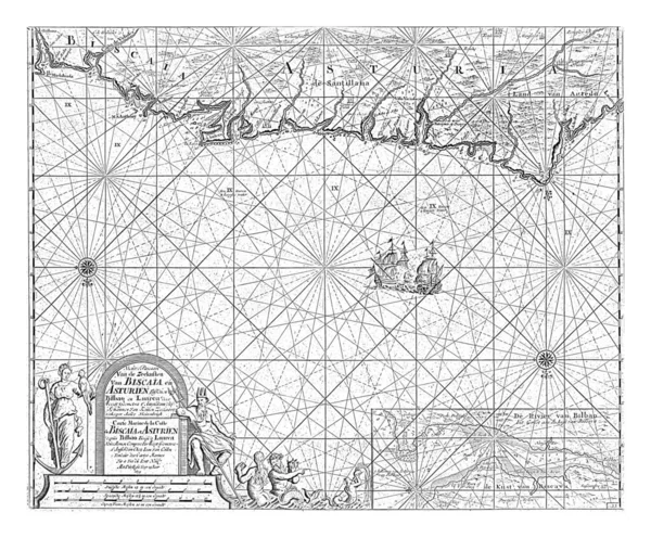 毕尔巴鄂附近比斯开湾部分的航海图 有三支罗盘玫瑰 右下角是一个镶嵌有Nervion河详细地图的镶嵌物 — 图库照片