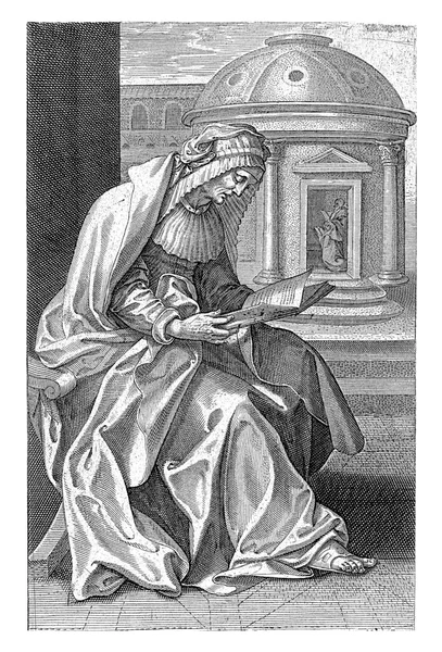 前景には預言者ハンナがいる 彼女は本を読んでいる 背景にある寺院 — ストック写真
