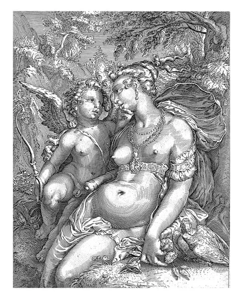 金星の山の風景の中に木のそばに座っている 彼女の他に アムールは弓と矢で現れ 彼女のあごを愛撫しています 右前景には二羽の鳩が — ストック写真