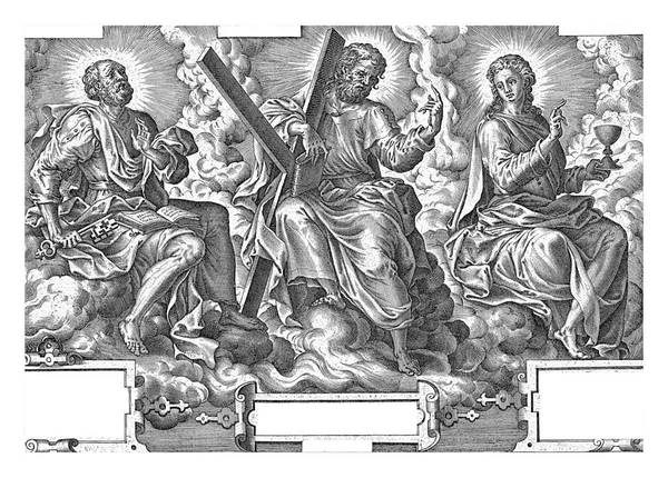 使徒ペテロとアンデレとヨハネは それぞれの鍵とX字型の十字架とシャリーを持つ雲の間に座って 彼らの頭の周りにハロで — ストック写真