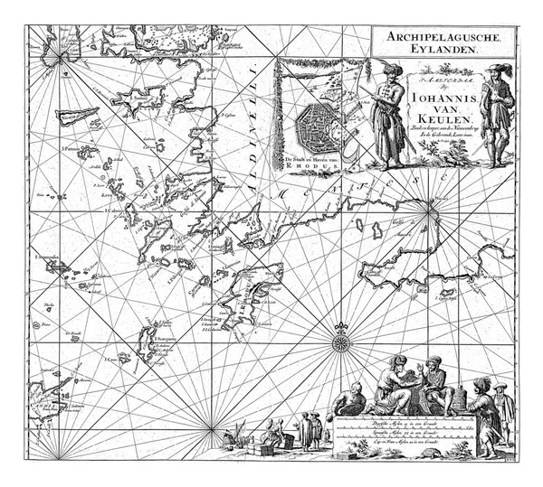 남동쪽의 지도에 항구와 로도스의 지도가 나침반이 올라가 정상에 — 스톡 사진