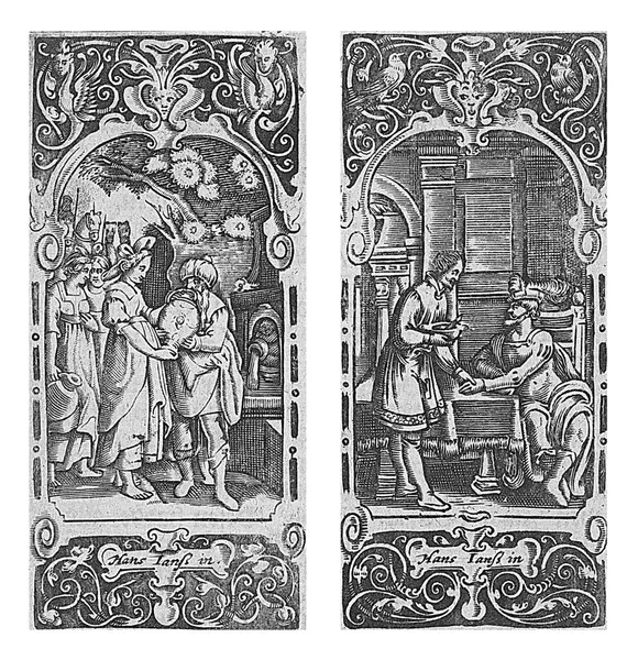 离开Rebekah让Eliezer在井边的水壶里喝水以扫把他与生俱来的权利卖给雅各Hans Janssen 1615 1651年 — 图库照片