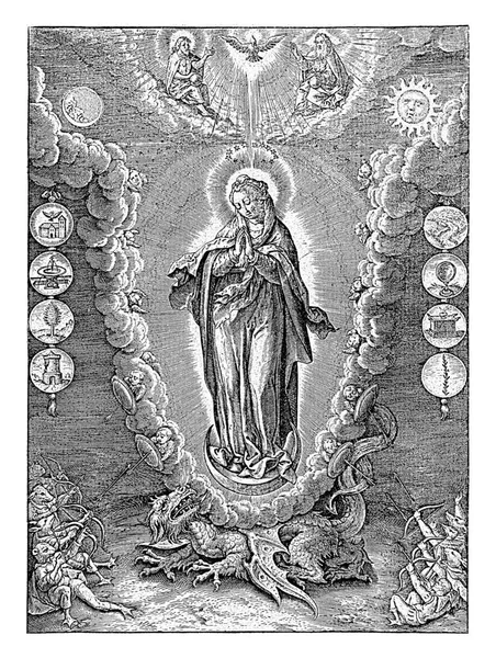Maryja Dziewica Otoczona Symbolami Litanii Lauretańskiej Hieronymus Wierix 1563 1619 — Zdjęcie stockowe