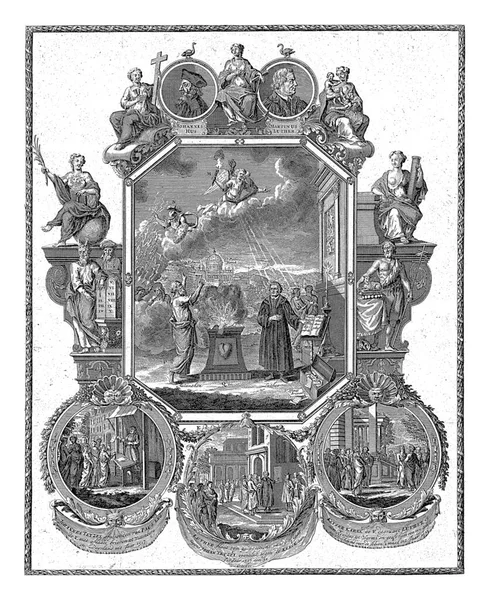 宗教改革の2世紀目の福音の記念日の印刷 1717 アドルフ ファン ラアン アブラハム レイスの後 1717お祝いで福音の記念日の印刷 — ストック写真