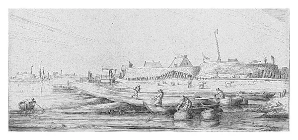 シェルトの砦の前に漁師とボートを漕ぐ Esaias Van Velde 1645 ヴィンテージ彫刻 — ストック写真