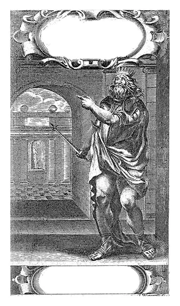 尼布甲尼撒王手里拿着权杖 指着宫殿里的一条通道 在他的脚下是圣经故事的参考 其他事项在大篷车的顶部是拉丁文的头衔 — 图库照片