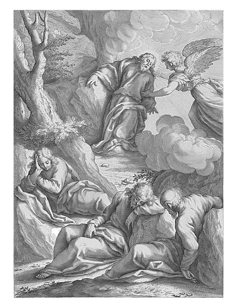 Chrystus Ogrodzie Getsemane Trzech Śpiących Apostołów Pierwszym Planie Nim Chrystus — Zdjęcie stockowe