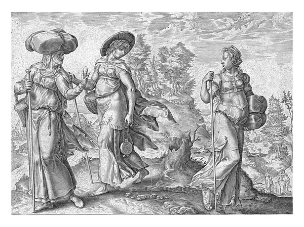 オルパはナオミとルース ヘンドリック ゴルツィウス 1580年3人の女性を風景の中に残し そのうちの1人は残りの2人を去る 印刷の下のマージンにラテン語とドイツ語の2行 — ストック写真