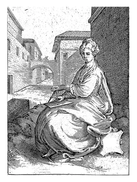 匿名性 ヤンSaenredam後 ヘンドリック ゴルツィウス 1601年 1652年後知恵の人格は建物の前に座ってコンパスで動作します — ストック写真