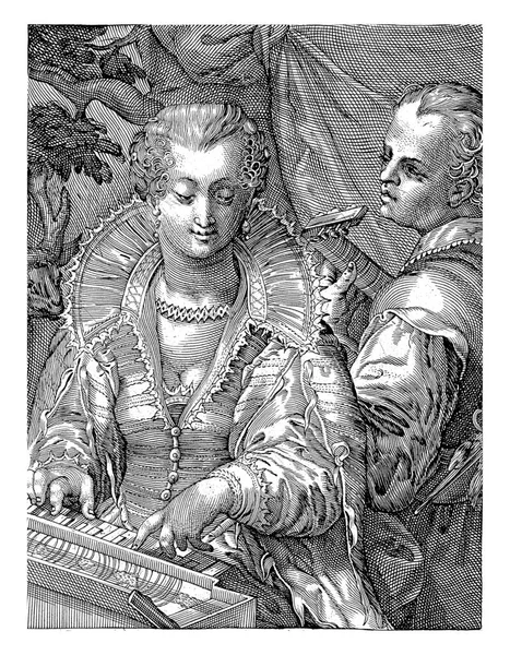 用竖琴演奏的听觉的女性人格化 她有一个弹琵琶的男人陪伴着 — 图库照片