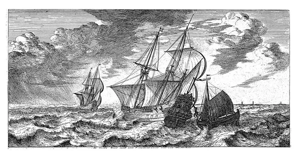 领航员在海上从领航员船上被带走 这印刷品附有荷兰文字幕和说明 — 图库照片