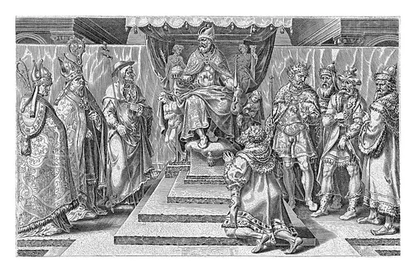 黑森的大地菲利普一世跪在查理五世的宝座前 完全投降了 查理五世左边是阿拉斯 瑙姆堡和希尔德斯海姆的主教 — 图库照片