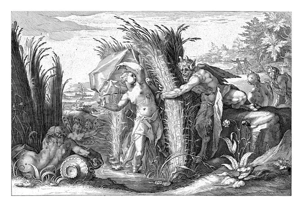 The god Pan pursues the nymph Syrinx. She barely escapes him by being turned into reeds on the bank of the River Ladon.