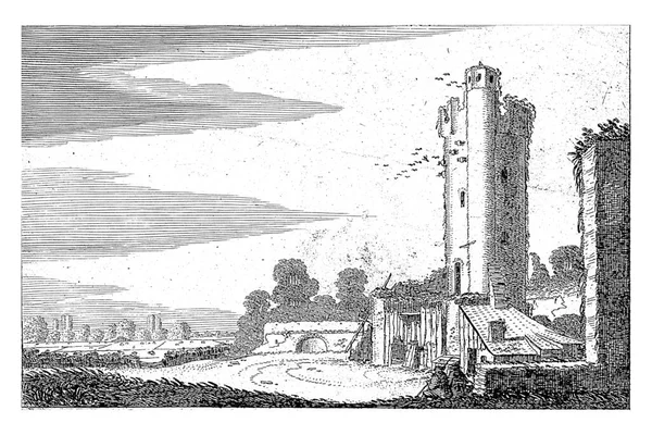 在一座塔的废墟附近有两个人 维尔德 1616两个人躺在一座景观中的塔的废墟附近 六幅来自20系列的图片 — 图库照片