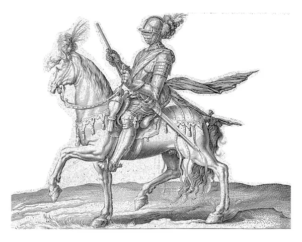 Een Gepantserde Man Paard Links Rijdend Met Een Commandostaf Zijn — Stockfoto