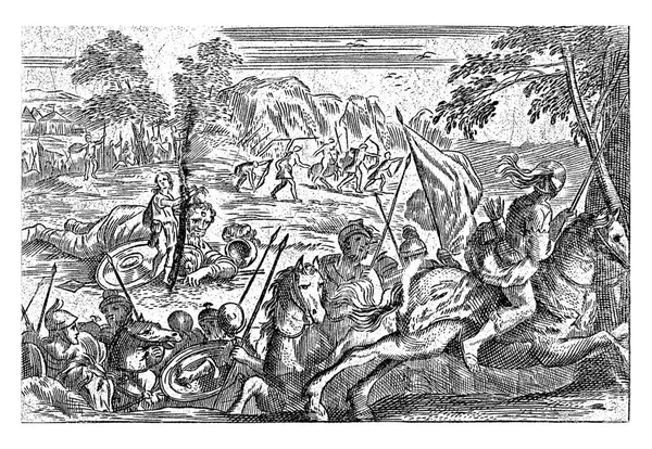 ダビデとゴリアテ コーネリス ガレ2世 1638年 1678年 ダビデは巨大なゴリアテを征服し 髪の毛で頭を上げています 前方では 騎兵は 4つの射手のグループの距離で — ストック写真