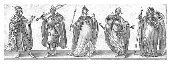 Vyobrazení Jedné Ženy Štítem Holí Čtyř Mužů Mečem Štítem — Stock fotografie
