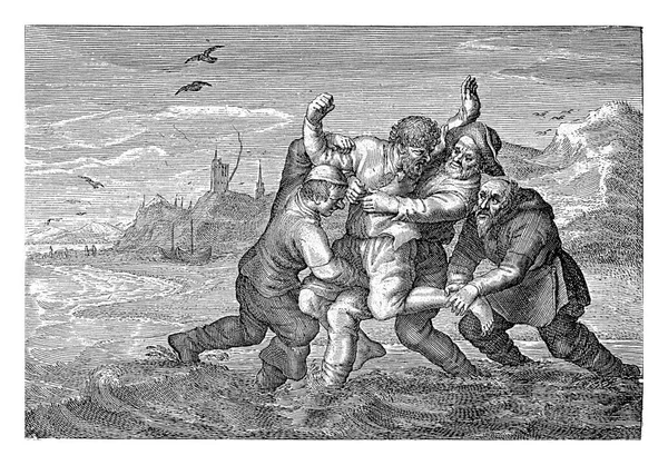海での戦い アルバート ポール アドリアンPieterszの後 ファン ヴェンヌ1624年ビーチの満潮線で男は3人の漁師によってチェックで開催されます — ストック写真