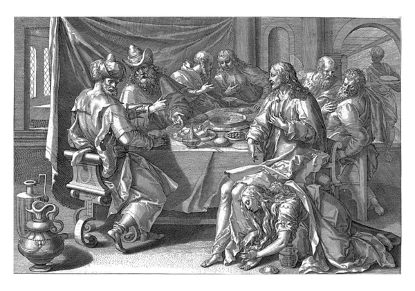 Egy Ház Belseje Krisztussal Tanítványaival Előtérben Egy Asztalnál Mária Magdolna — Stock Fotó