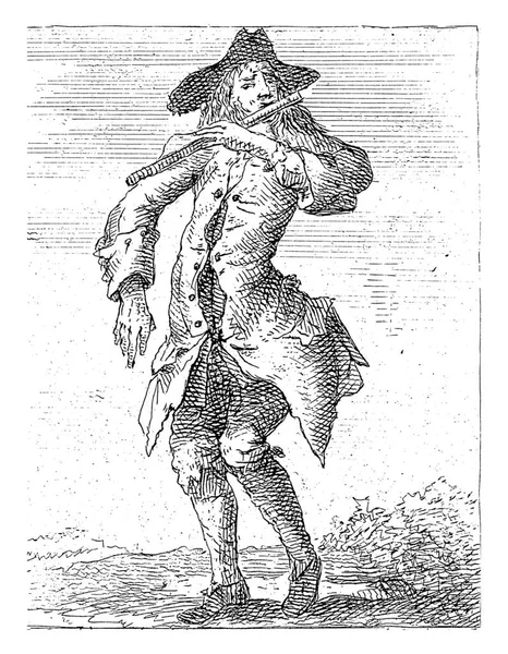 一个衣衫褴褛的乞丐 吹奏长笛 荷兰语的四行诗句在印刷体下面 — 图库照片