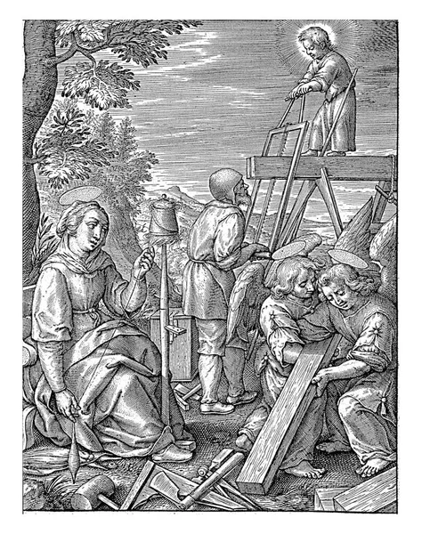 基督儿童帮助约瑟夫锯木 Hieronymus Wierix 1563年 1619年以前基督儿童和他的父亲约瑟夫一起锯木 前面的两个天使正在举起一根光束 — 图库照片