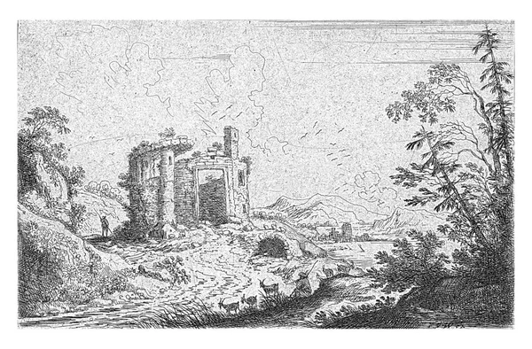 Landscape Ruin Goatherd Foreground — Stock Photo, Image