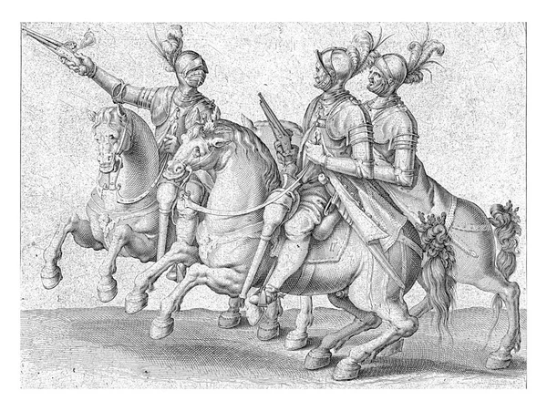 Drie Gepantserde Mannen Paard Links Rijdend Elk Met Een Pistool — Stockfoto