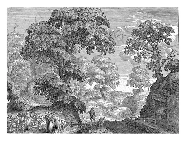 带着盲人疗伤的风景 一幅树木茂密的山景 前面是基督 左边是基督 触动了一个跪在他面前的瞎子的眼睛 — 图库照片