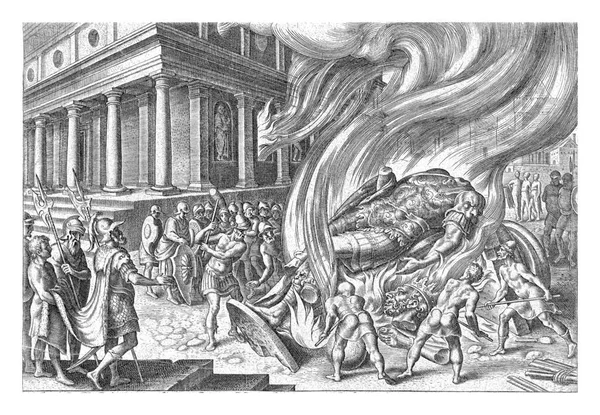 Popředí Velký Baalský Idol Zapálen Rozdrcen Kladivy Pozadí Chrám Který — Stock fotografie