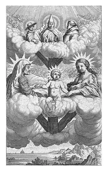 匿名のアンナ ドリーン サミュエル ファン フーグスタテン 1671年のメアリー キリストの子 アンナが雲の中に彼らの上に三位一体が僧侶として表された後 — ストック写真