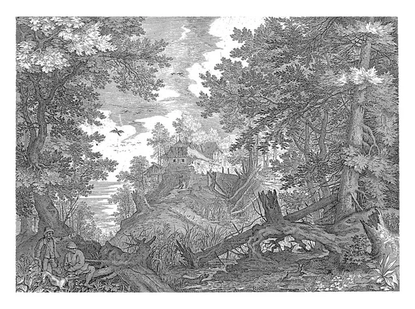 森の風景 左の2人のハンターと犬に 背景には農場 チロルの山の風景が描かれた6部作の第5作 — ストック写真