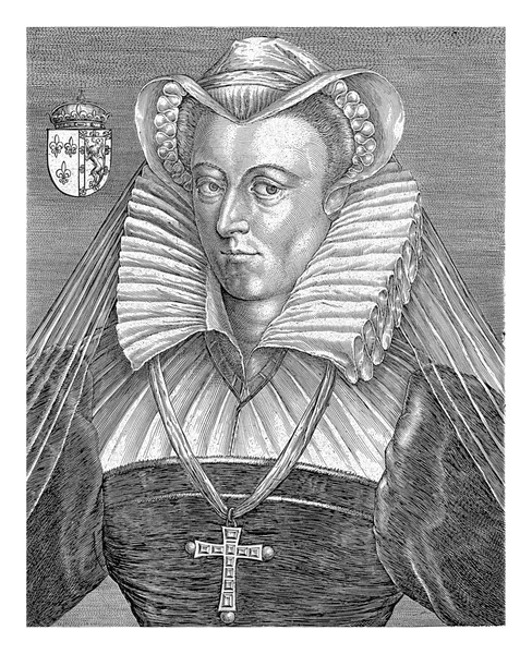 スコットランド女王メアリー1世スチュアートの胸元にネックレスをつけて十字架を背負った姿が描かれている 左側の武器 — ストック写真