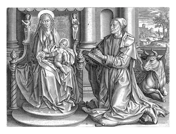ルーカスは子供を持つメアリーを描きます アントニー ウィリックス クインテン マッサジスの後 1565 1591メアリーはルーカスのスタジオで玉座に彼女の膝の上にキリストの子と一緒に座っています — ストック写真