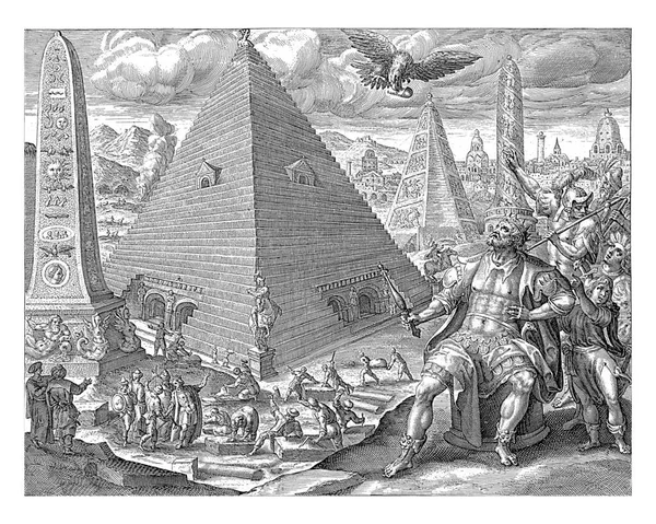 이집트의 피라미드와 오벨리스크입니다 노예들은 강에서 찰흙을 퍼내어 불에굽는 가마에서 공사를 — 스톡 사진