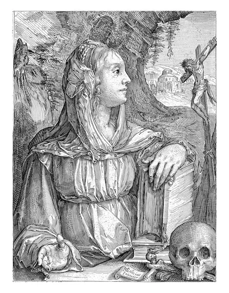 忏悔的玛利亚 玛格达琳 在她的侧面 看着她旁边的十字架 她的手放在圣经上 给她一个骷髅 — 图库照片