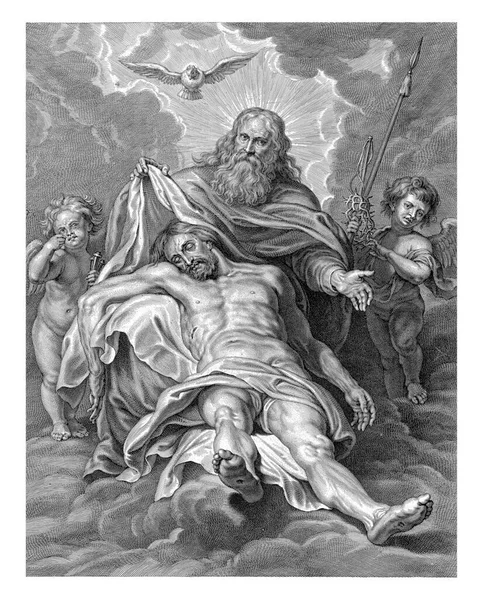 성삼위 하나님 아버지와 그리스도의 무릎에 비둘기 모양으로 양편의 천사들은 고통의 — 스톡 사진