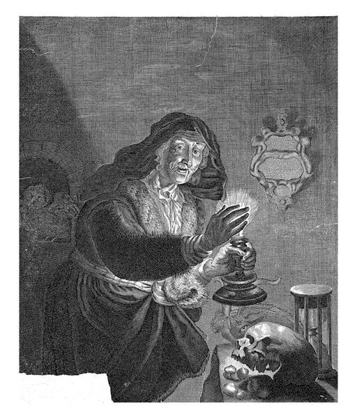 An old woman in an interior holds a candlestick with a candle in her hand. She stands at a table with a skull and an hourglass.