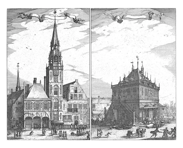 Вид Старої Ратуші Вааг Дам Сквер Амстердамі Два Виступи Одному — стокове фото