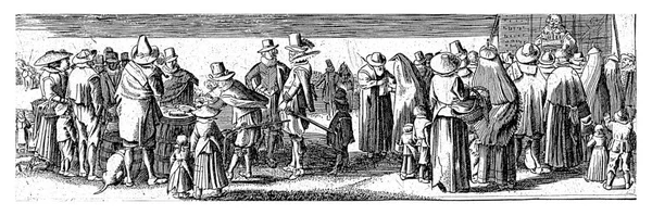 与优雅穿着的旁观者 范德韦尔德 皮特尔斯之后 1603 1652年的Buytewech市场 其右边的讲台上有一个嘎吱嘎吱声 许多旁观者从后面看去 — 图库照片