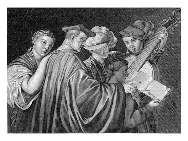 Tres Hombres Mujer Niño Cantando Tocando Instrumentos Musicales Hendrick Danckerts — Foto de Stock
